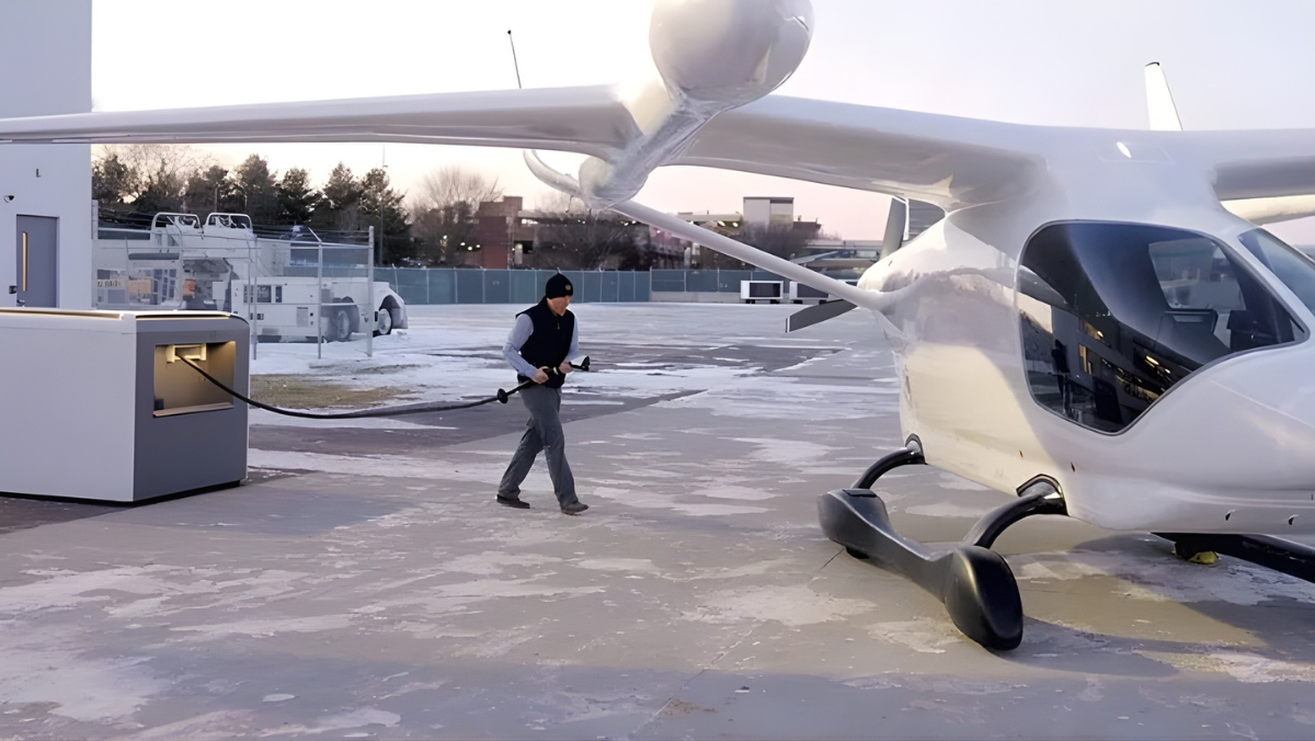 Technician preparing charging cable for electric aircraft on winter tarmac