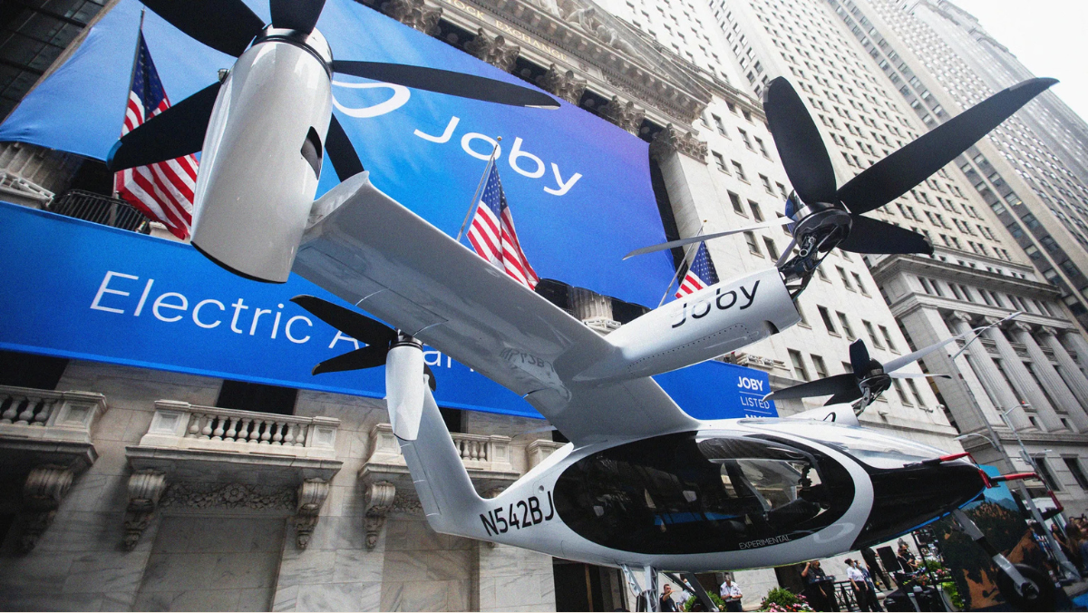 Joby electric air taxi displayed outside the New York Stock Exchange following Blade acquisition