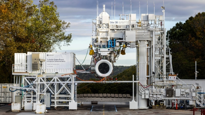 Hybrid jet engine mounted on a ground test stand during efficiency trials
