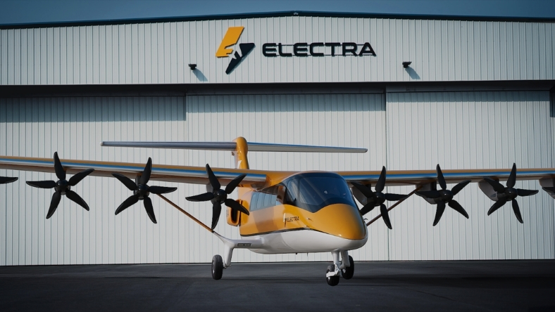 Electra hybrid electric aircraft outside hangar facility